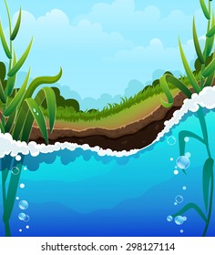 Foaming  river wave and aquatic plants. Air bubbles in the clear water. Shore, forest and blue sky with transparent clouds In the background