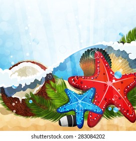 Foaming waves with palm branches, coconut and starfishes 