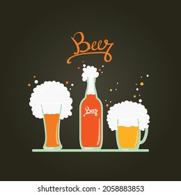 Foamy beer in a glass bottle and mugs with beer bubbles. Lettering calligraphy - beer. Flat style. Octoberfest holiday, festival symbols. Typography logo for greeting cards and banners.