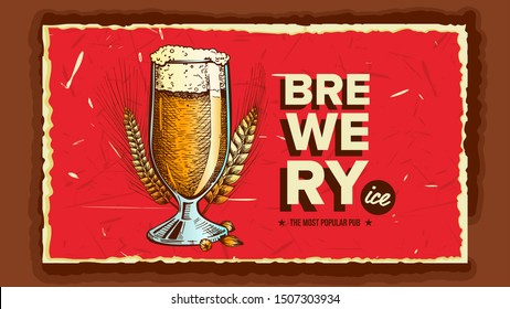 Foamy Beer Glass Brewery Advertising Banner Vector. Full Cup With Ice Alcohol Drink Beer And Spikelets Of Wheat On Promotional Poster Of Popular Pub. Beverage Flat Cartoon Illustration