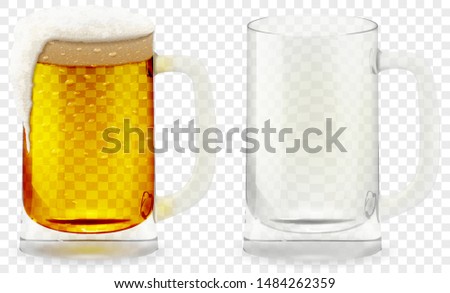 Foamy Beer Glass realistic vector, empty and full transparent glass. Alcohol drink icon 3D illustration