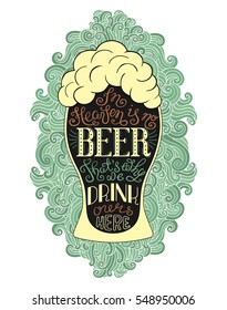 Foamy beer glass vintage poster. EPS 10 vector food and drink concept illustration. Cup of ale. Retro style placard with irish proverb on the doodle background.