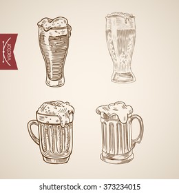 Foamy beer glasses icon set. Engraving style pen pencil crosshatch hatching paper painting retro vintage vector lineart illustration.