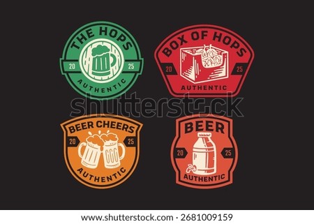 foamy beer mug, hops box, cheers mugs, craft beer keg retro badge logo design set for brewing factory, brewery industrial, pub, bar, cafes, beverage, restaurant. Vector Illustration