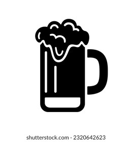 Foamy beer mug icon, black silhouette on white. Drink in big rounded glass cup with handle. Vector element of minimalist design for logo and stencil print, illustration of alcoholic beverage.