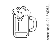 Foamy beer mug line icon, black outline on white. Drink in big rounded glass cup with handle. Vector clipart sign of minimalist design for logo print and engraving, illustration of alcoholic beverage.