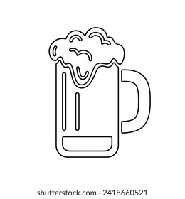 Foamy beer mug line icon, black outline on white. Drink in big rounded glass cup with handle. Vector clipart sign of minimalist design for logo print and engraving, illustration of alcoholic beverage.