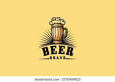 Foamy beer mug logo vector illustration design with creative wooden glass concept
