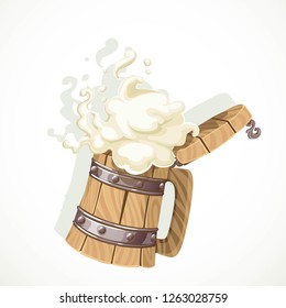 Foamy beer in a wooden mug object isolated on white background