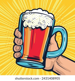 Foamy glass mug of beer in hand. Fast food vector illustration in pop art retro comic style