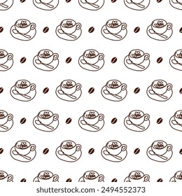 Foamy Heart Cappuccino Seamless Coffee Pattern. Perfect for seasonal textiles, kitchenware, or promotional materials for summer events and refreshment stands.