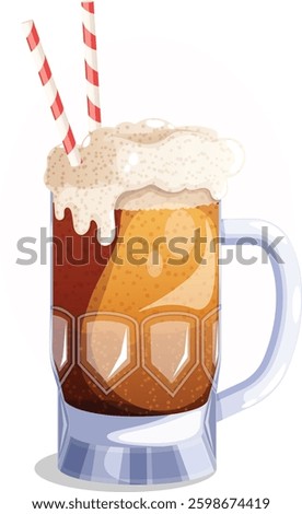 Foamy Root Beer Float Glass Mug with Striped Straws. Isolated Summertime Refreshing Beverage Detailed Illustration.