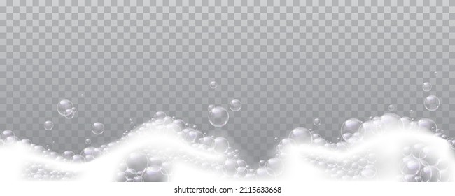 Foamy and soapy water with bubbles, cosmetic products or detergents, laundry or washing gel. Vector cleaning and hygiene, cartoon foam and soap background with realistic effect on transparent backdrop
