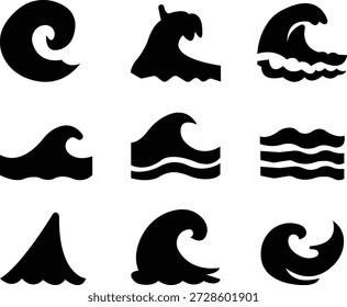 Conjunto de ícone de onda espumosa, mostrando a água do mar do oceano com espuma e movimento brancos. Ideal para temas de praia, quebra de baleia, crista espumosa, onda turbulenta, design marinho, aplicativos meteorológicos, gráficos de viagem, infográficos.