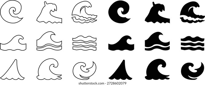 Conjunto de iconos de olas espumosas, que muestran el agua del mar del océano con espuma blanca y movimiento. Ideal para temas de playa, brecha de ballena, cresta espumosa, onda turbulenta, diseño marino, App de Clima, gráficos de viaje, infografías.