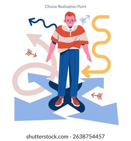 FOBO concept, illustrating a person at a decision point surrounded by various paths. The image captures the internal struggle and confusion of decision-making in life choices. Vector illustration.