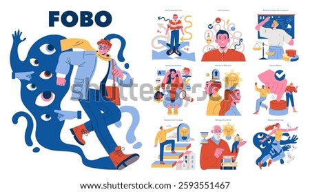FOBO concept set. Illustration about fear of better options, anxiety caused by multiple decisions and uncertainty in decision-making process situations. Vector illustration.