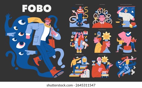 conceito FOBO. Ilustração vetorial do medo de melhores opções, ansiedade de decisão, escolhas esmagadoras, incerteza, estresse e superação de dúvidas durante o processo decisório crucial.