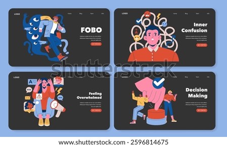 FOBO illustration explores the challenges of decision-making and inner confusion. It portrays feelings of being overwhelmed through vivid images of choices and emotional responses. Vector illustration