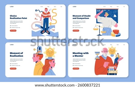 FOBO illustration set. Explores key moments of realization and decision-making processes. Highlights the themes of doubt, comparison, and mentorship in life decisions. Vector illustration.