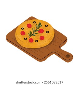 Focaccia bread illustration garnished with rosemary, cherry tomatoes, and olives on a wooden board. Ideal for bakery-related designs, food blogs, or menus. Flat vector style.