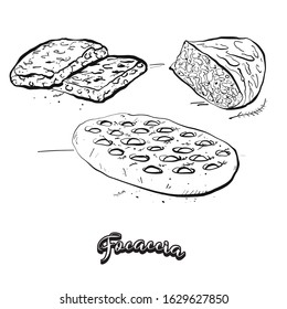 Focaccia food sketch separated on white. Vector drawing of Yeast bread, usually known in Italy. Food illustration series.