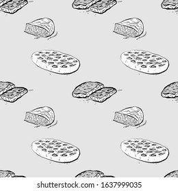 Focaccia seamless pattern greyscale drawing. Useable for wallpaper or any sized decoration. Handdrawn Vector Illustration