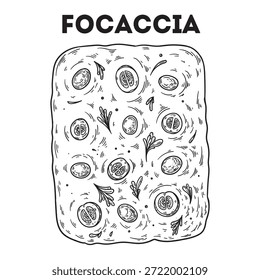Focaccia sketch. Vector drawing  illustration. Italian food. Italian cuisine. Hand drawn. Top view. Not AI Generated.