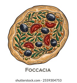 Focaccia is a soft, flat Italian bread, typically topped with herbs, olive oil, and salt.