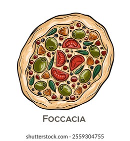 Focaccia is a soft, flat Italian bread, typically topped with herbs, olive oil, and salt.