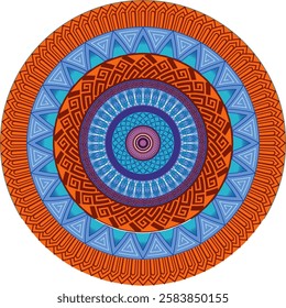 As the focal point, the center of the mandala features a striking design, comprising concentric shapes that progress from a red outer circle to a medium blue inner circle. At the heart of this arrange