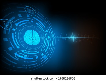 Focal seizure. Illustration of human brain and electroencephalograhy or EEG originating from one regional onset. Technology background.