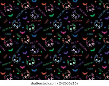 foco disciplina, cute gothic black cat illustration, vector pattern for woven backgrounds, wallpapers, papers