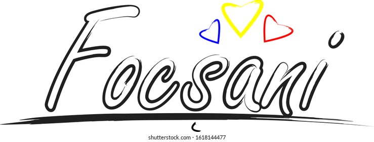 Focsani Word Text with Handwritten Font and Red, Yellow and Blue Love Hearts Vector Image Illustration Eps. Word for banners, badges, postcard, t-shirt, prints, posters, label cover or web page.