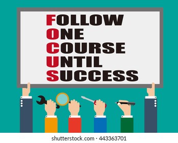 Focus Acronym on board holding by hands. Flat design style 