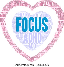 Focus ADHD word cloud on a white background. 