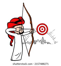 Focus Arab businessman ready to shoot the target. Carricature vector illustration with isolated background
