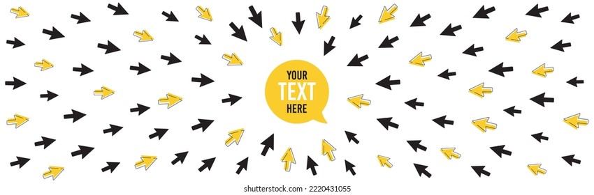 Focus arrows pointing to the center. Dynamic yellow arrow symbols. Focus on goal target. Influence center point. Click here business background. Mouse cursor pointers frame. Vector