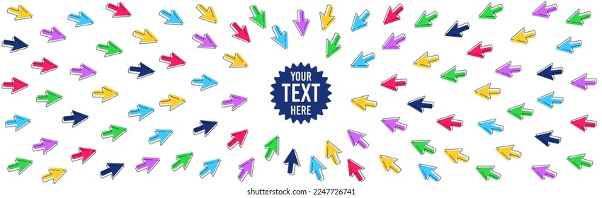 Focus arrows pointing to the center. Dynamic color arrow symbols. Focus on goal target. Influence center point. Click here business background. Business promotion frame. Vector
