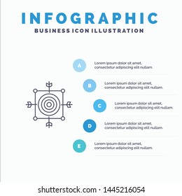 Focus, Board, Dart, Arrow, Target Line icon with 5 steps presentation infographics Background