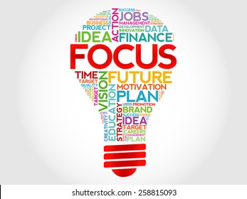 FOCUS bulb word cloud, business concept