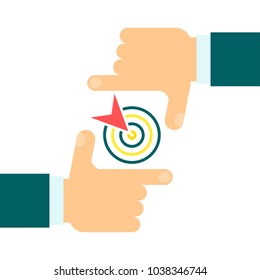 Focus camera and businessman hands. Concept of planning and achieving results, business vision. Flat vector cartoon illustration. Objects isolated on white background.