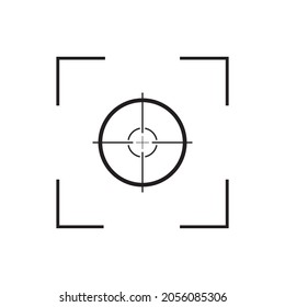 Focus of camera. Icon of frame, lens, capture and target of camera. Symbol of photo and video. Graphic outline logo for photographer, snap and film. Pictogram isolated on white background. Vector.