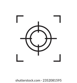Focus of camera. Icon of frame, lens, capture and target of camera. Symbol of photo and video. Graphic outline logo for photographer, snap and film. Pictogram isolated on white background. Vector.
