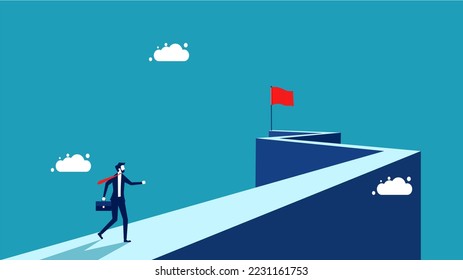 Focus career. The path to success. Businessman heading to the red flag