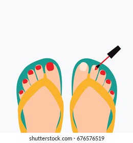 focus & close up above on a feet cartoon isolated with red brush nail polish or pedicure vector flat design style for beauty & fashion. nail manicure process on a female or woman legs & flip flops