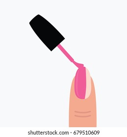 focus & close up on a one single finger cartoon with pink brush nail polish. pedicure vector flat design style. beauty & fashion isolated. applying nail process on a female or woman hand.