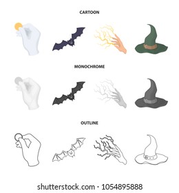 Focus with a coin, a bat, a mage hat, a lightning-fast spell.Black and white magic set collection icons in cartoon,outline,monochrome style vector symbol stock illustration web.