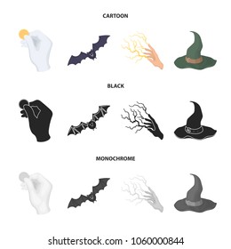 Focus with a coin, a bat, a mage hat, a lightning-fast spell.Black and white magic set collection icons in cartoon,black,monochrome style vector symbol stock illustration web.