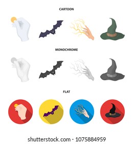 Focus with a coin, a bat, a mage hat, a lightning fast spell.Black and white magic set collection icons in cartoon,flat,monochrome style vector symbol stock illustration web.